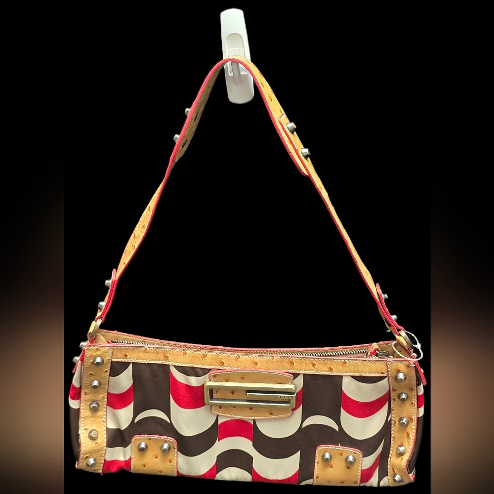 Guess Retro Pattern Shoulder Bag Studded Y2K Purse Red Brown Cream